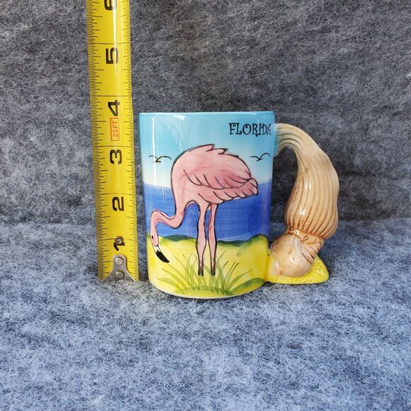 Vintage Florida Flamingo Ceramic Mug With Unique Seashell Handle From The 1980's - Picture 7 of 9